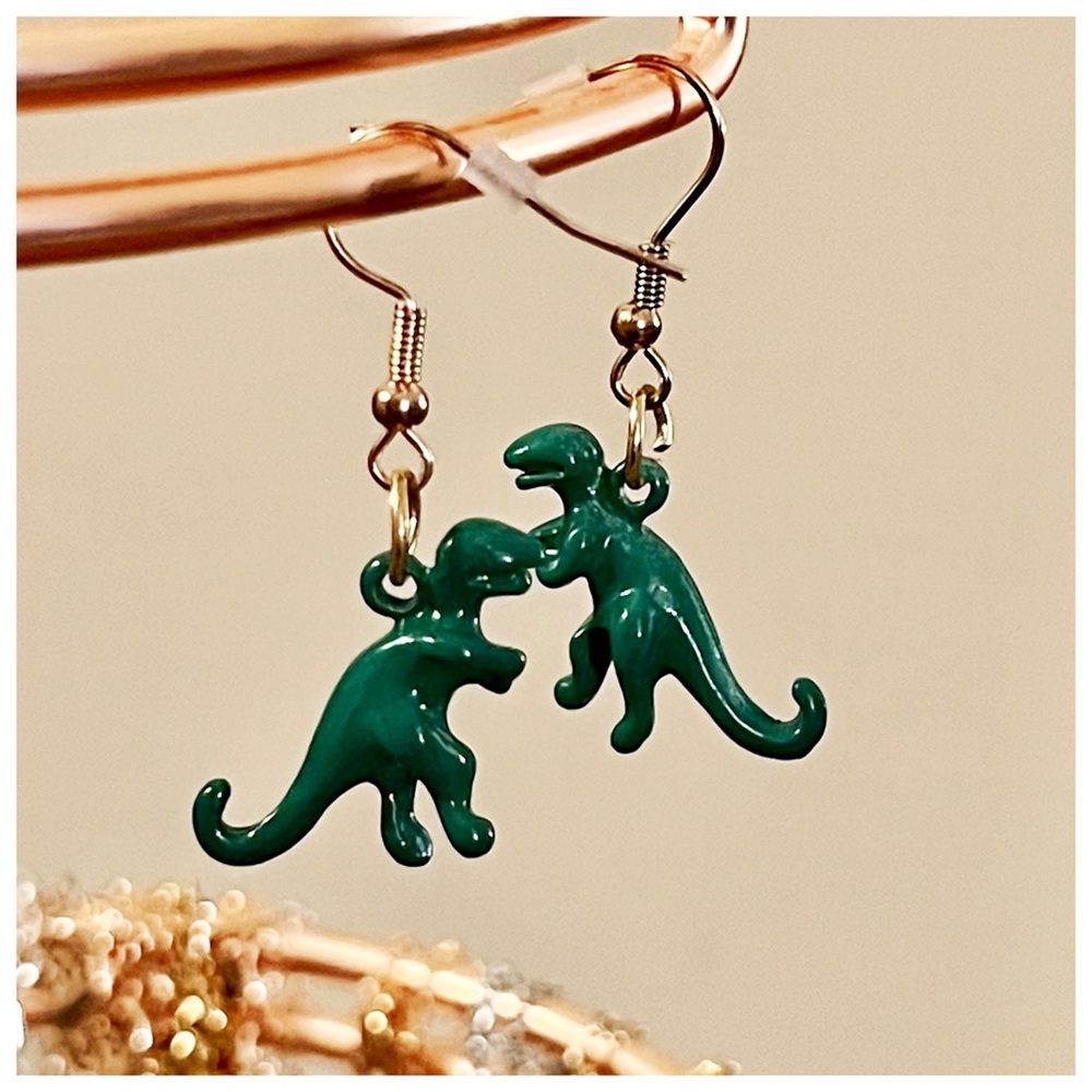 Hand Made Dinosaur T-Rex Dangle Earrings in 14 Kt Gold Plated / Green